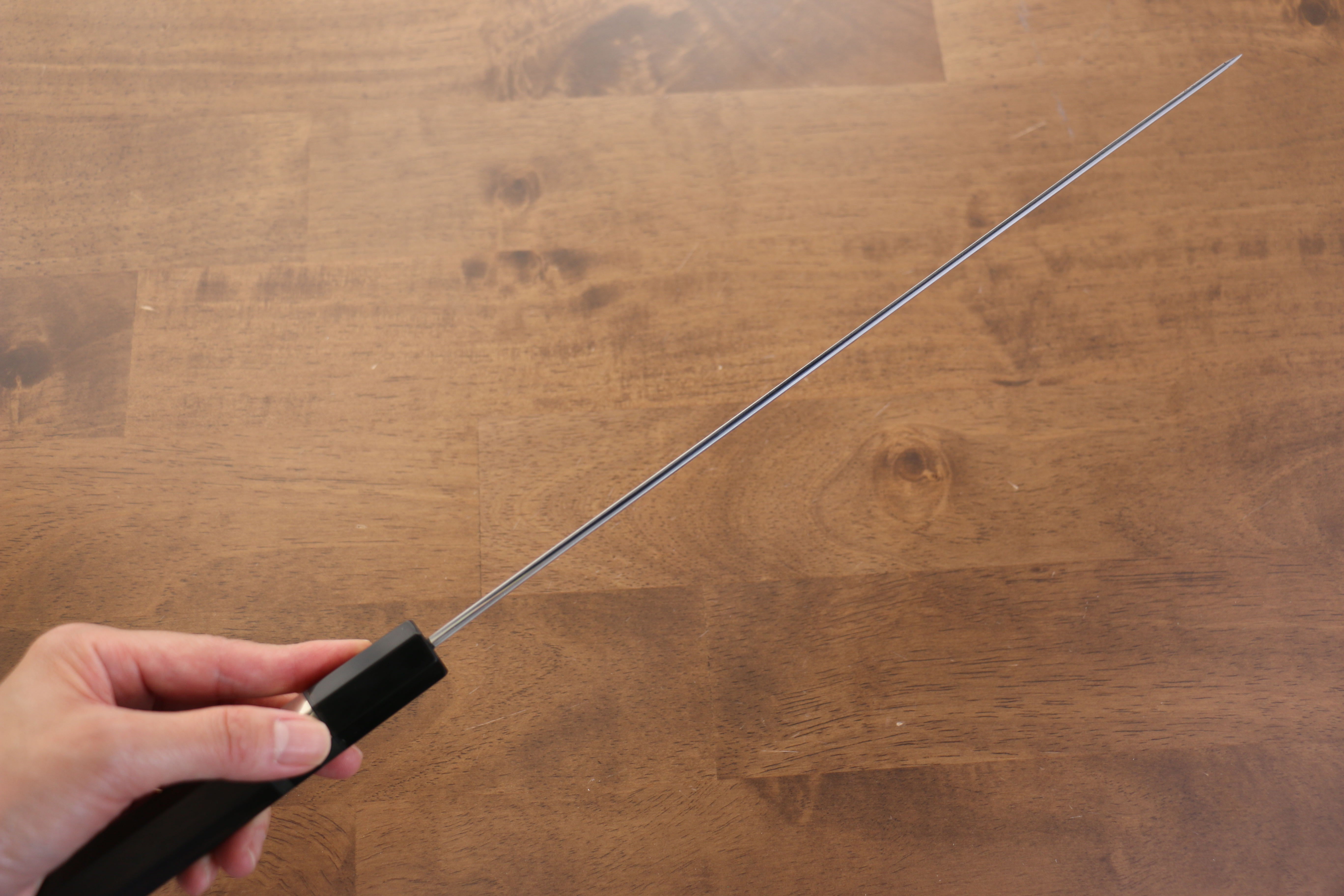 Jikko Blue Steel Damascus Sakimaru Sujihiki  300mm Ebony with Double Ring Handle - Japanny - Best Japanese Knife