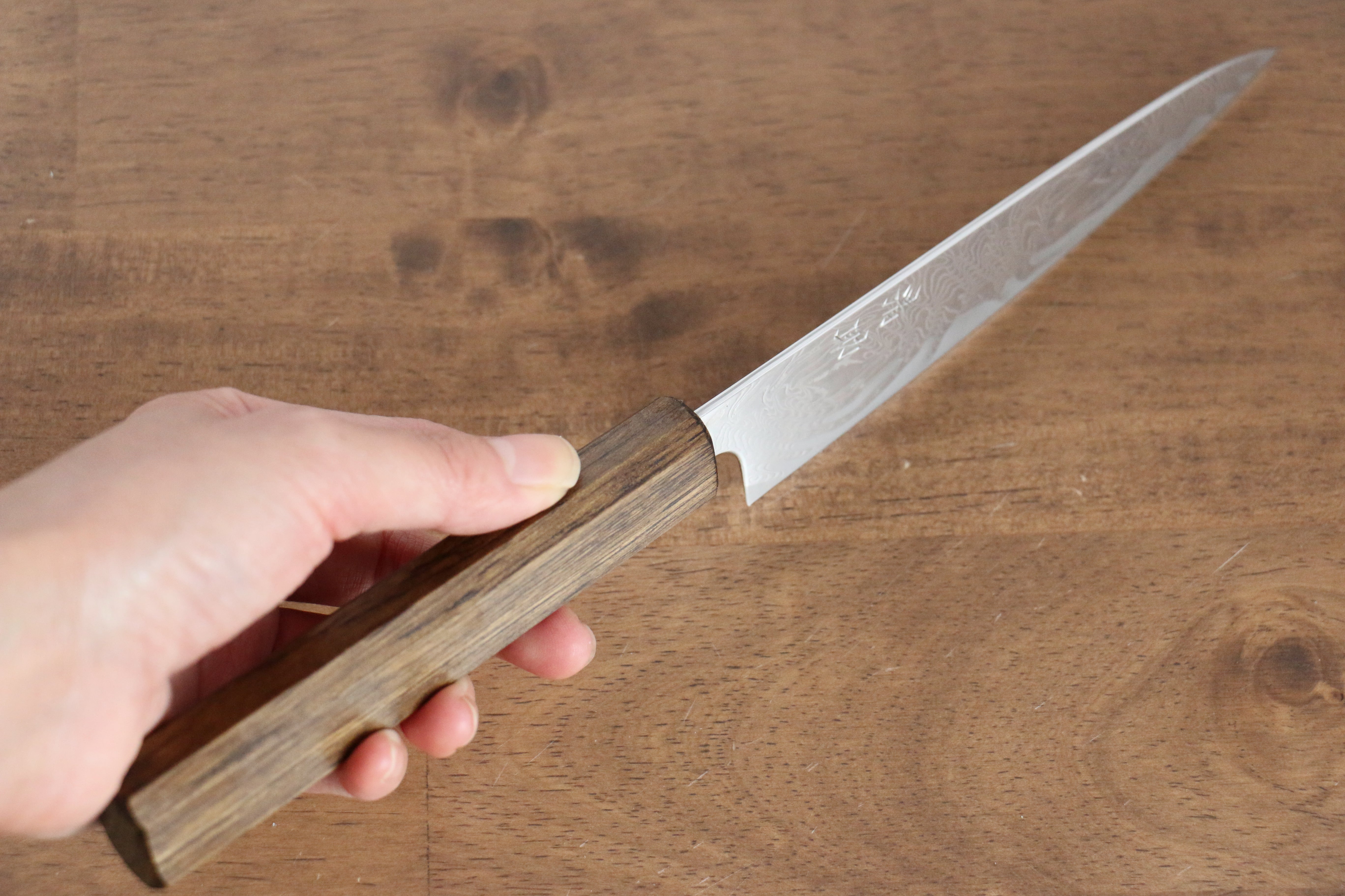 Seisuke Nami AUS10 Mirrored Finish Damascus Petty-Utility 135mm Oak Handle - Japanny - Best Japanese Knife