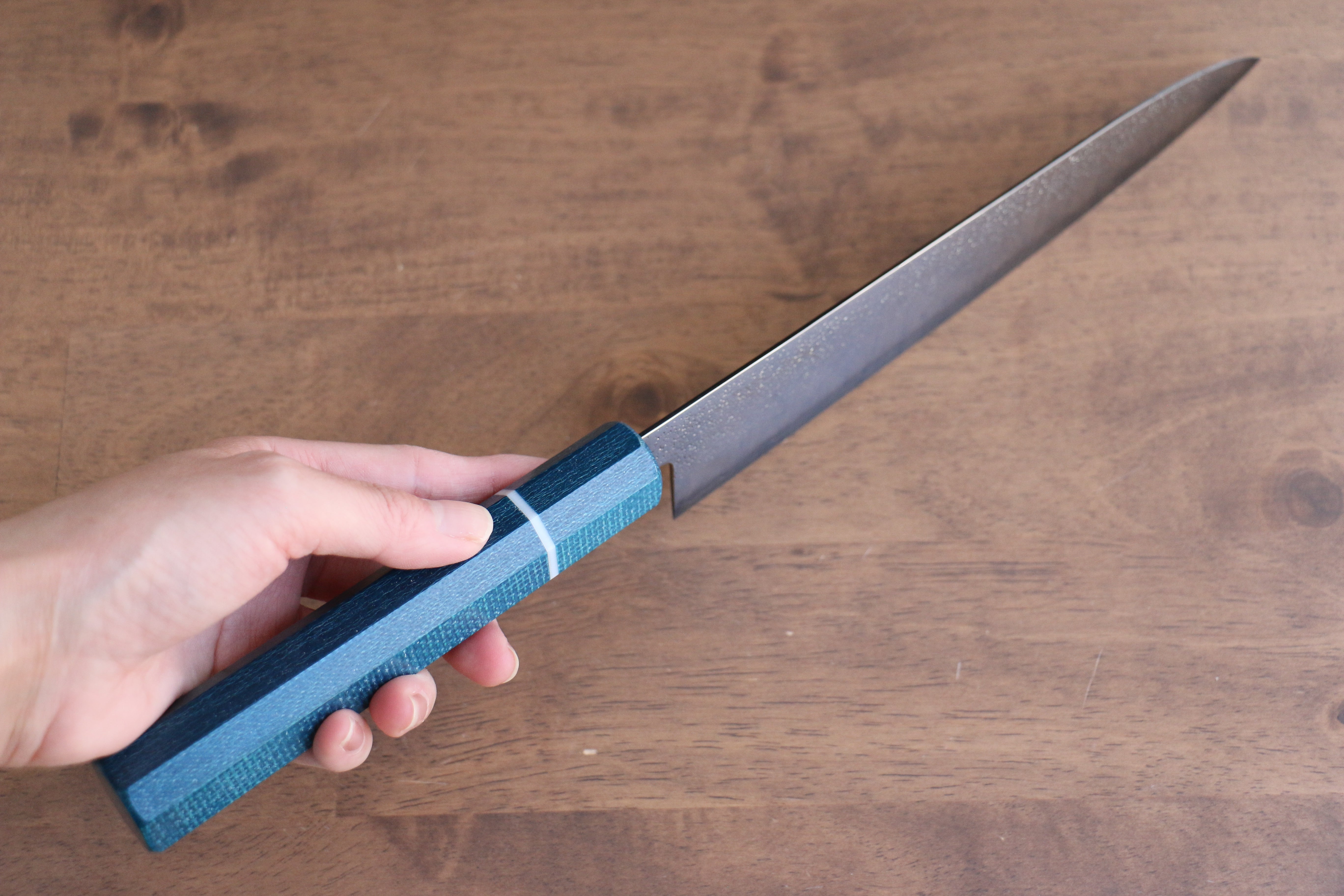 Seisuke VG5 Nashiji black dye Gyuto 210mm Blue Canvas Micarta Handle - Japanny - Best Japanese Knife