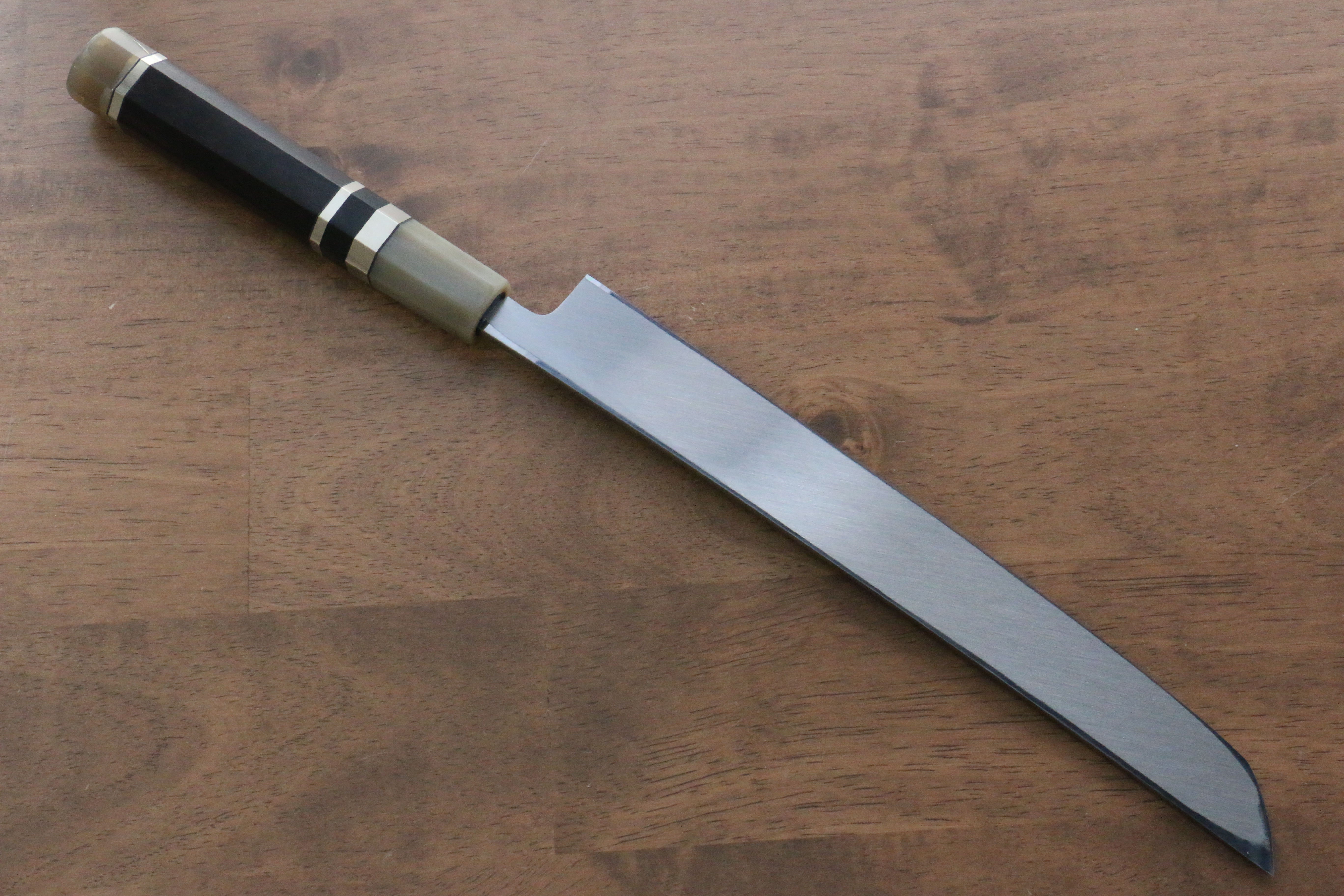 Jikko Shiko White Steel Sakimaru Yanagiba  240mm Ebony with Double Ring Handle - Japanny - Best Japanese Knife