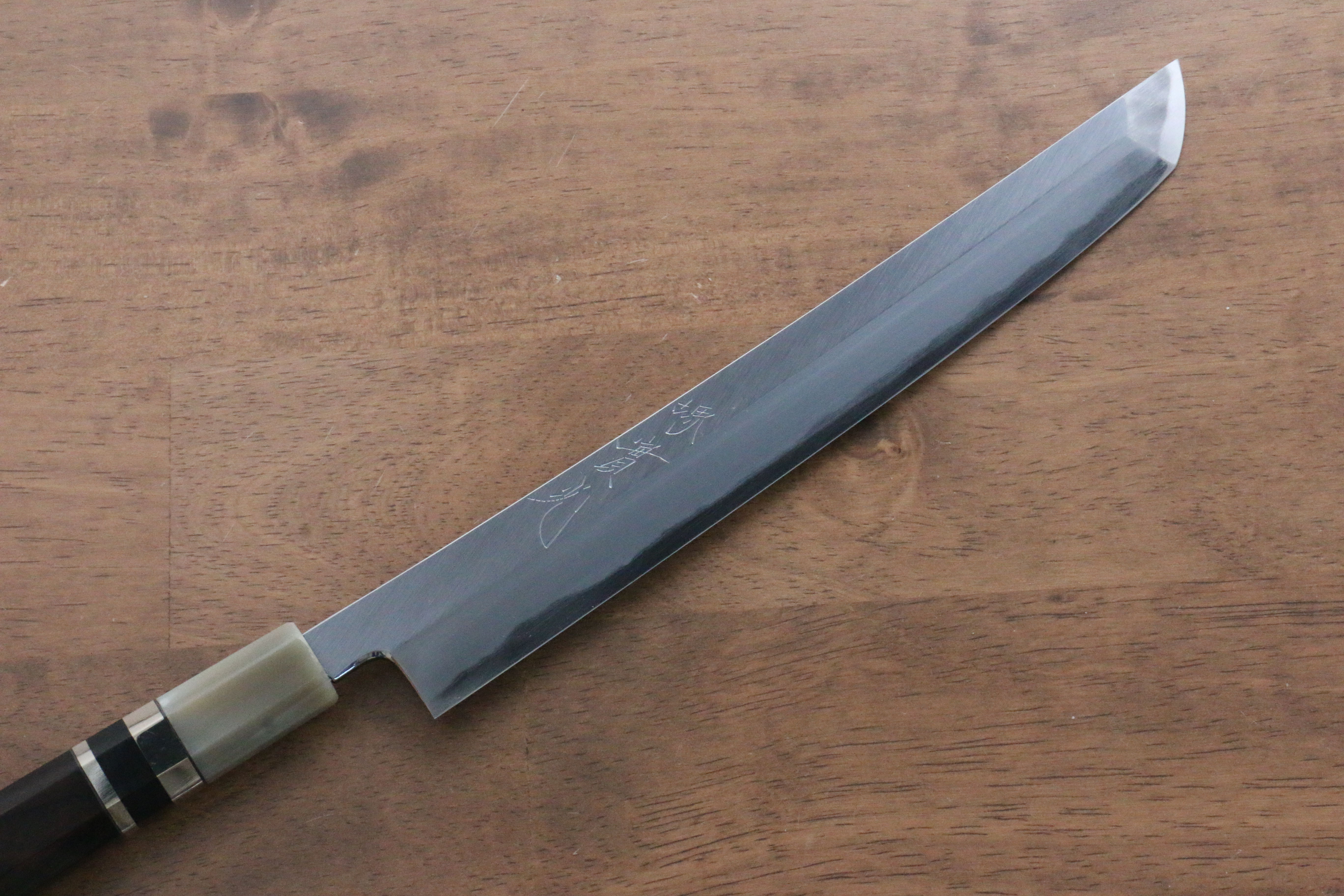 Jikko Shiko White Steel Sakimaru Yanagiba  240mm Ebony with Double Ring Handle - Japanny - Best Japanese Knife