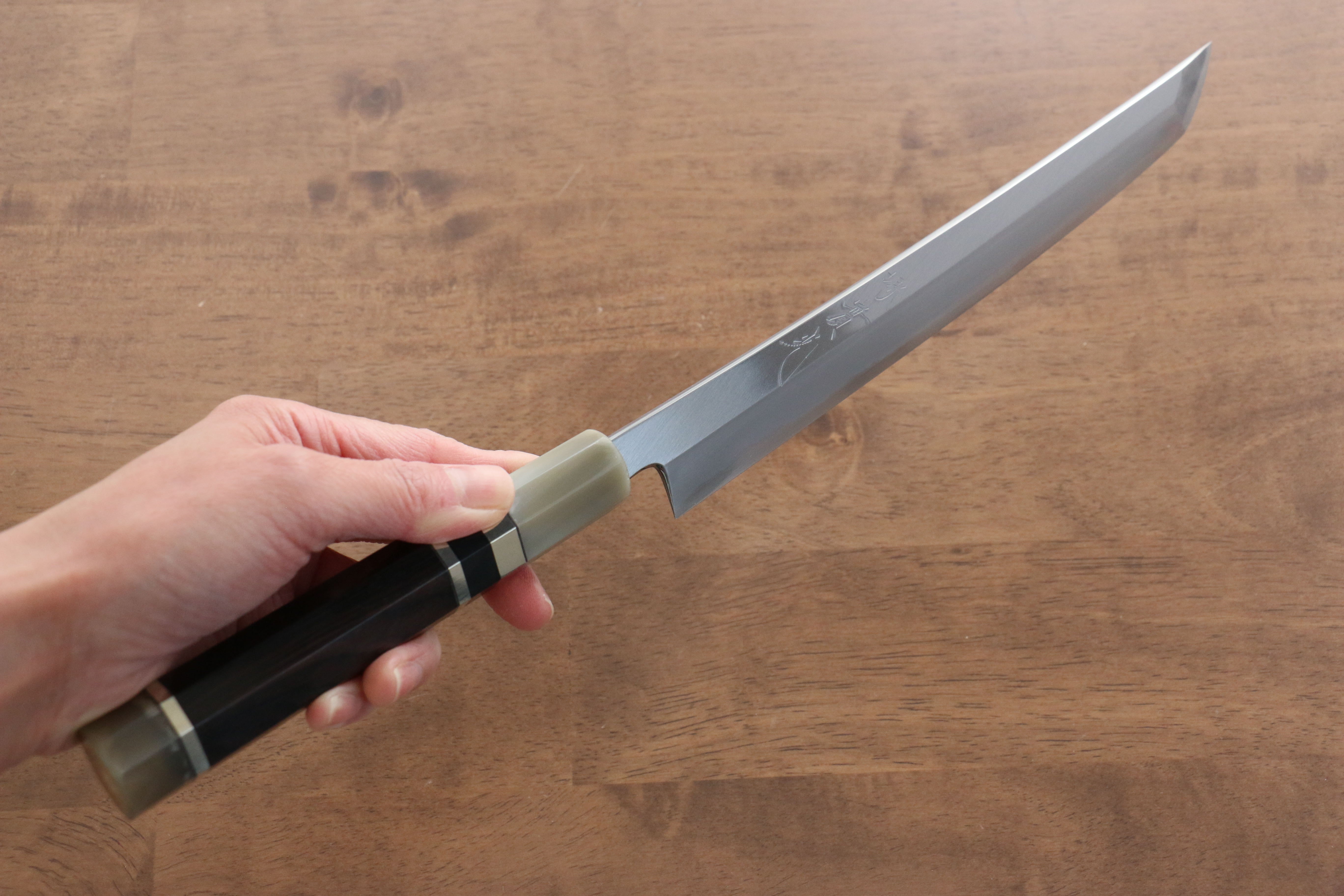 Jikko Shiko White Steel Sakimaru Yanagiba  240mm Ebony with Double Ring Handle - Japanny - Best Japanese Knife