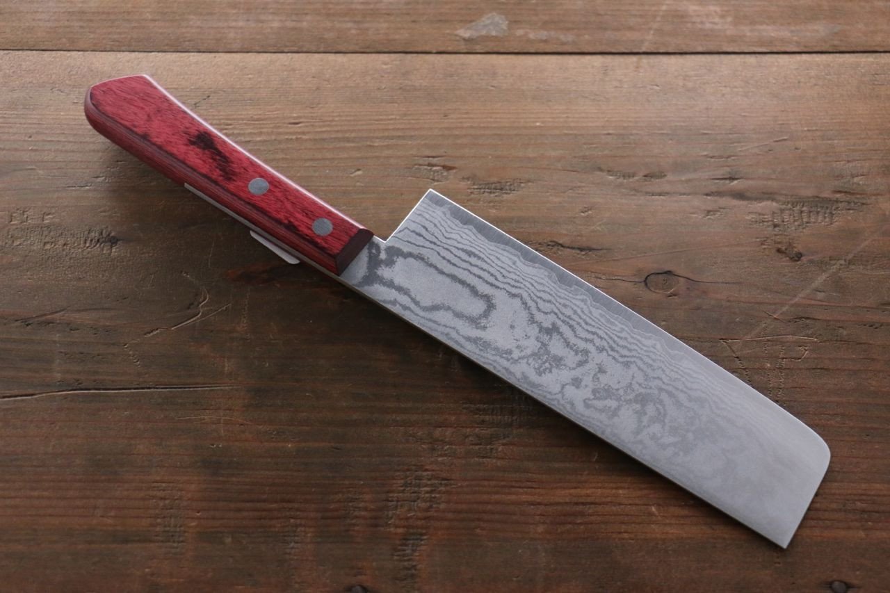 Shigeki Tanaka VG10 17 Layer Damascus Nakiri  160mm Red Pakka wood Handle - Japanny - Best Japanese Knife