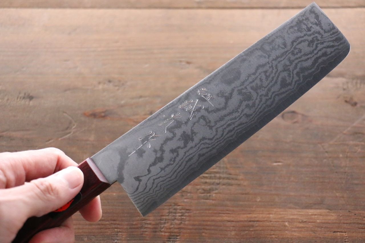 Shigeki Tanaka VG10 17 Layer Damascus Nakiri  160mm Red Pakka wood Handle - Japanny - Best Japanese Knife